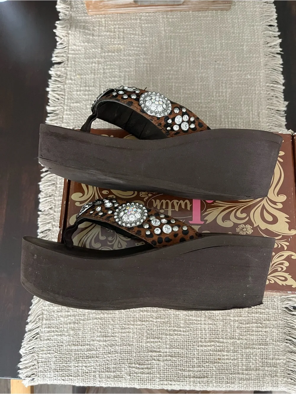 Brown Leopard Platform flip flops with Crystal Medallions